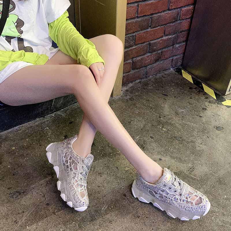 Plus Size 35-39 Summer Women Mesh Sneakers Breathable Running Basketball Shoes Students Shockproof Non-slip Rhinestone Crystal Shoes