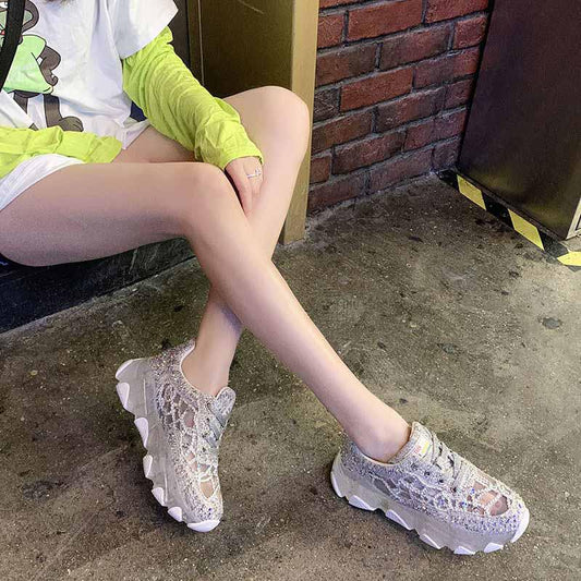 Plus Size 35-39 Summer Women Mesh Sneakers Breathable Running Basketball Shoes Students Shockproof Non-slip Rhinestone Crystal Shoes