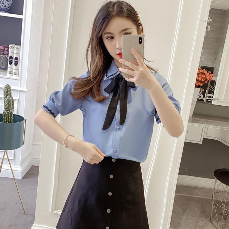 Chiffon Shirt Women's Short-sleeved Bowknot Niche Loose Casual Chiffon Shirt Sweet and Cute Loose Casual Shirt Fabric Light and Breathable