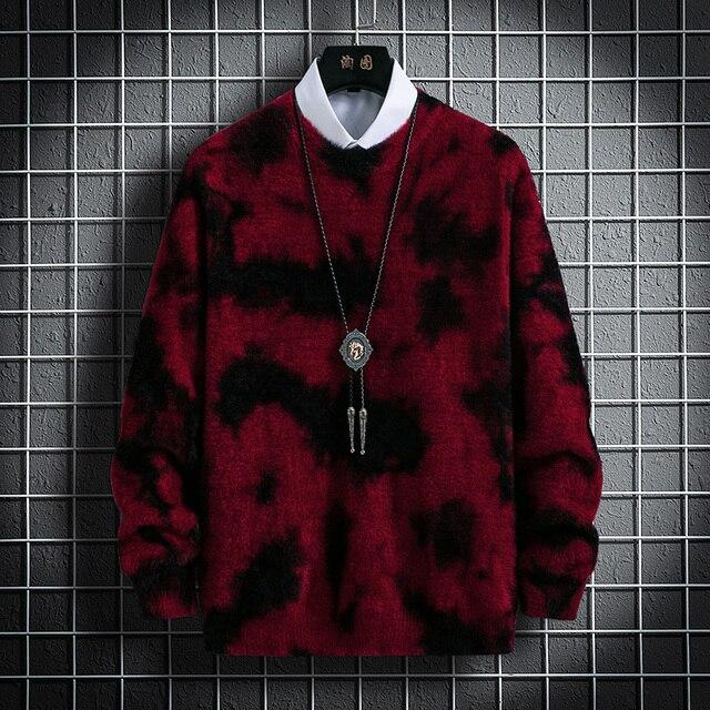 Men Sweater Autumn Winter Tie-dye Printing Men's Knitted Pullover Casual Long Sleeve Imitation Mink Warm Sweater