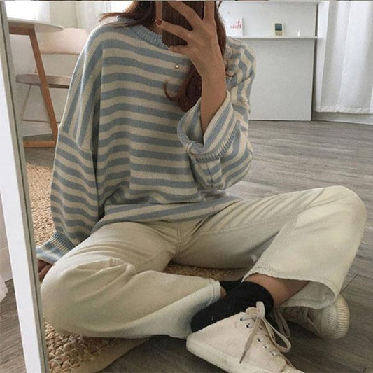 Autumn and Winter Striped Student Loose Pullover Long Sleeve Round Neck All-match Bottoming Sweater Coat