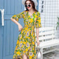Fashion Summer Cotton Drawstring Dress Medium-length Floral Dress Belt Flare Sleeve Irregular Dress