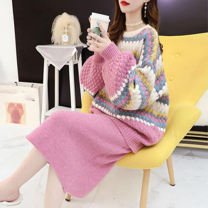 Two-piece Suit Sweet Temperament Loose Large Size Knitted Sweater + Skirt Warm Sweater Suit Women's Warm Spring and Autumn Clothing