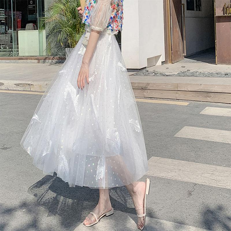 Women's Feather Embroidered Mesh Skirt Lace Printing Elastic Waist Princess Tutu A-line Skirt Mid-length High-waist Fairy Skirt