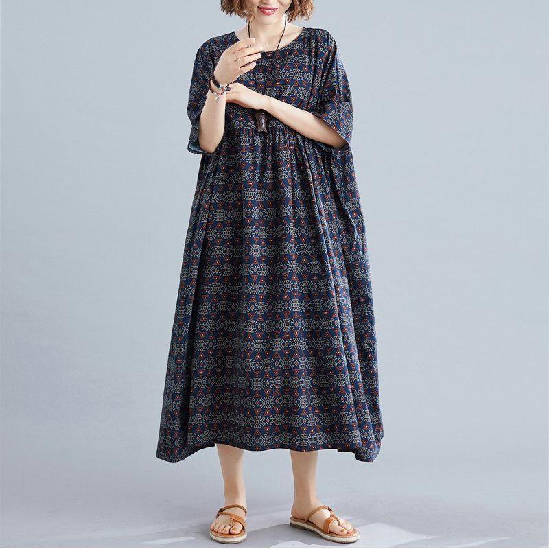 WTEMPO Plus Size Ladies Dress Summer 1/2 Sleeve Round Neck Casual Mid-calf Length
