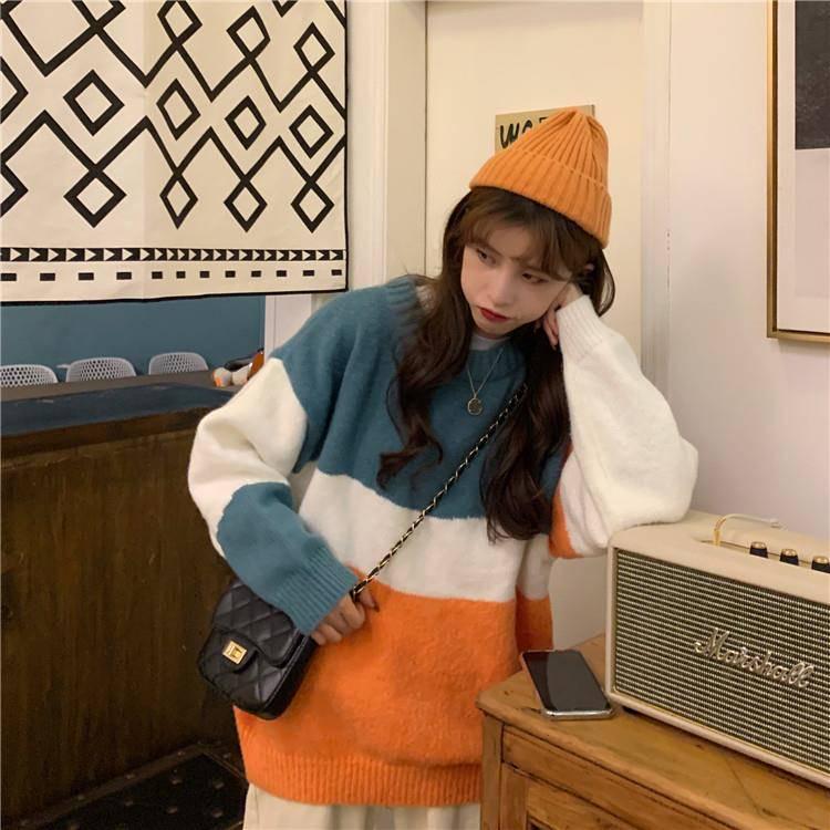 Pofulove Sweater Loose Autumn Winter Korean Lazy Color Matching Striped Round Neck Pullover