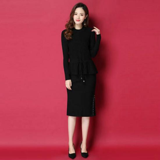 Winter Thick Two-piece Women Knitted Dress Over Knee Long Sweater Suit Autumn Bow Skirt