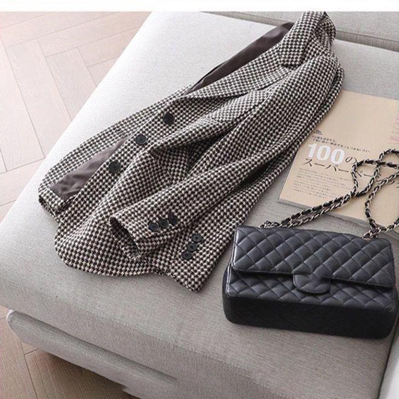 Casual Double Breasted Tweed Women Blazer Coat Long Spring Autumn Jackets Coats Female Chic Office Lady Tops