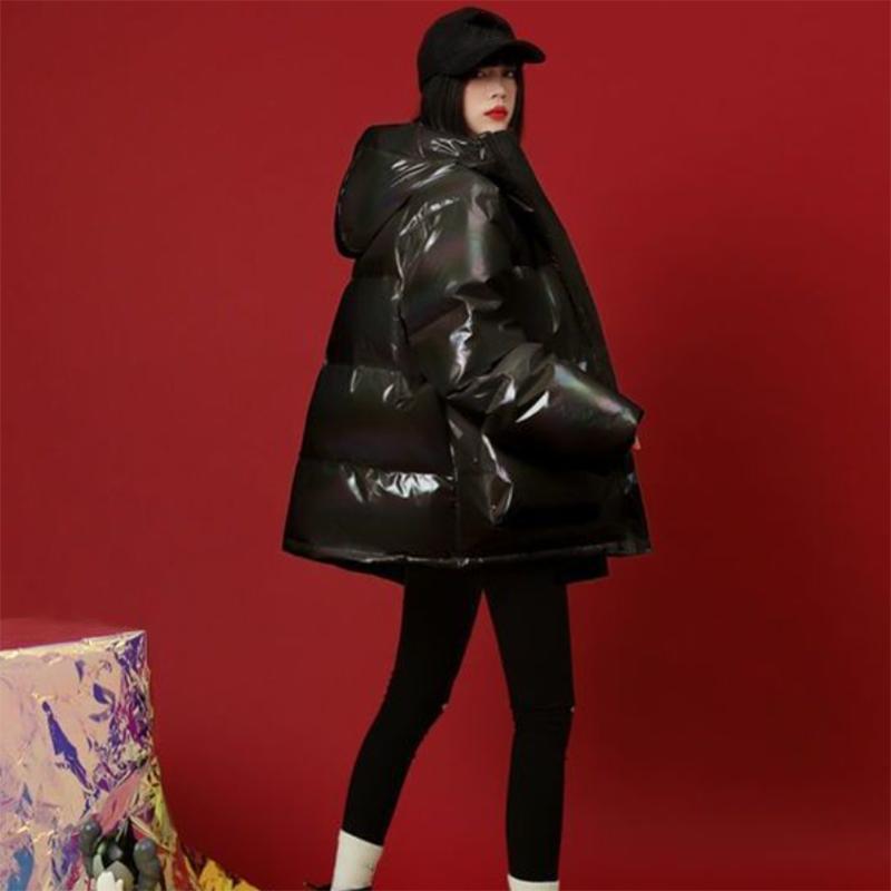Women's Bright Face Hooded Down Jacket  Regular Korean Loose Thick Coat Warm Cotton Coat  Large Wool Collar Winter Quilted Coat