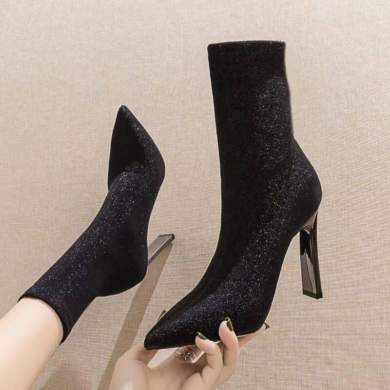 Women's Winter Boots Sexy Pointed Toe Elastic Ankle Boots High Heels Boots Woman Female Boots