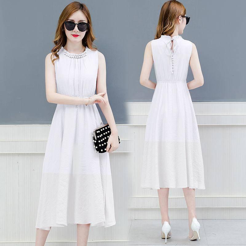Womens Dress Summer Solid Color Pleated Chiffon Sleeveless Elasticated Belted Party Dress Womens