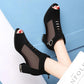 Black Thick-heeled Mesh Sandals Women's Middle-heeled Spring and Summer Breathable Mesh Shoes Fish Mouth Roman Shoes High Heels