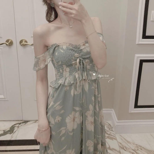 Female Vintage High Waist Super Fairy Holiday Dress Elegant Slim Chiffon Floral Print Pleated Dress