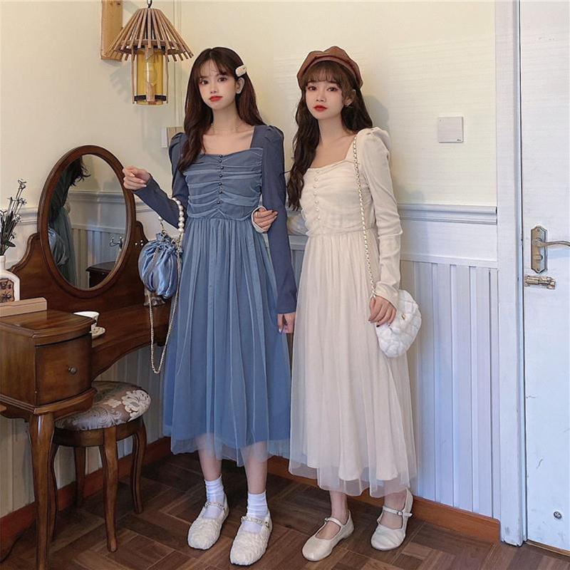 French Dress Korean Style Mid-length Long-sleeved Square Neckline Mesh  Receiving Waist Slim Skirt