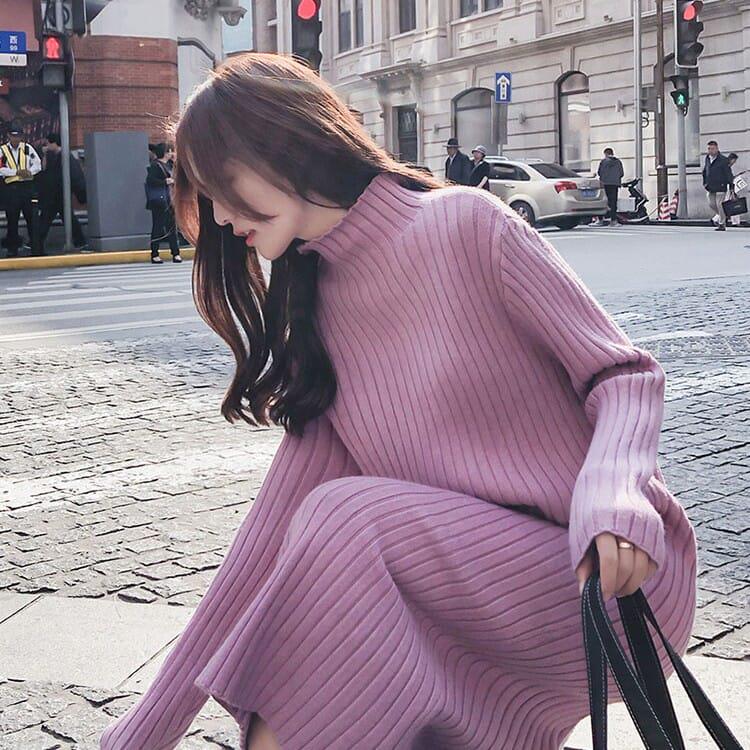 Mid-length Sweater Women's Autumn Winter Loose Over-the-knee Bottoming Knitted Dress Sweater Skirt
