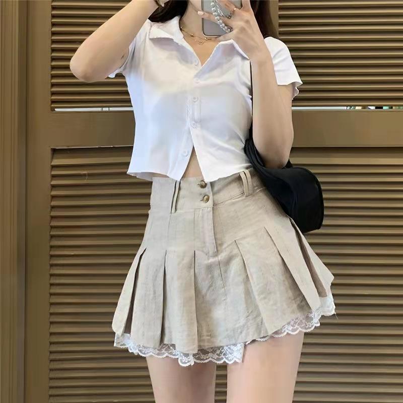 Korean Version of Super Spicy Girl Plus Cotton Linen Lace Stitching Pleated Skirt High Waist Sexy Khaki Lace Pleated Mini Skirt