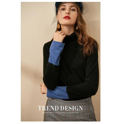 Women's High Neck Knitted Shirt Skin-friendly Breathable Stitching Color Bottoming Shirt Pull Over High Collar Loose Fit Long Sleeves T-shirt Basic