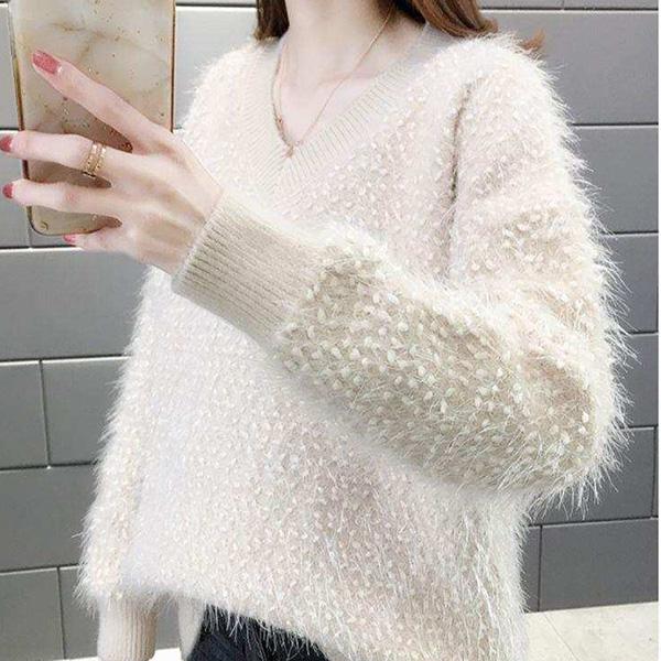 Korean Version of The Autumn and Winter Style Furry Bright Silk Sweater Women Loose Lazy Student Short V-neck Sweater All-match