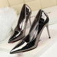 Spring Autumn Pointed Toe French Girl Silver High Heels Women Stiletto All-match Patent Leather Single Shoes