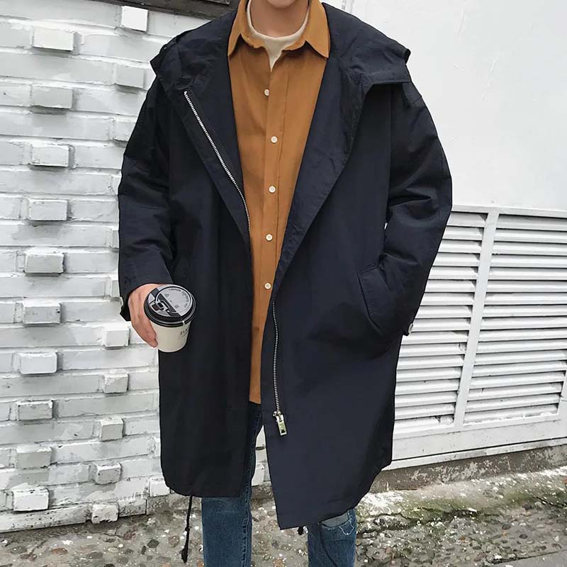 Spring and Autumn Hooded Mid-length Windbreaker Men's Casual Loose-fitting Jacket