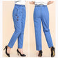 Flower Embroidered Jeans Women's Summer Thin Loose Straight Denim Pants High Waist Straight Stretch Middle-aged and Elderly Elastic Waist Ninth Pants