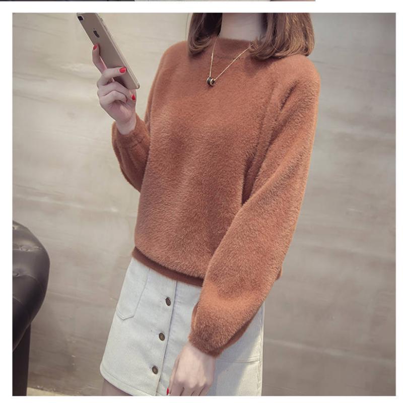 PofuLove Autumn and Winter Bottoming Shirt Mink Velvet Bow Sweater Women Hooded Loose Jacket Short