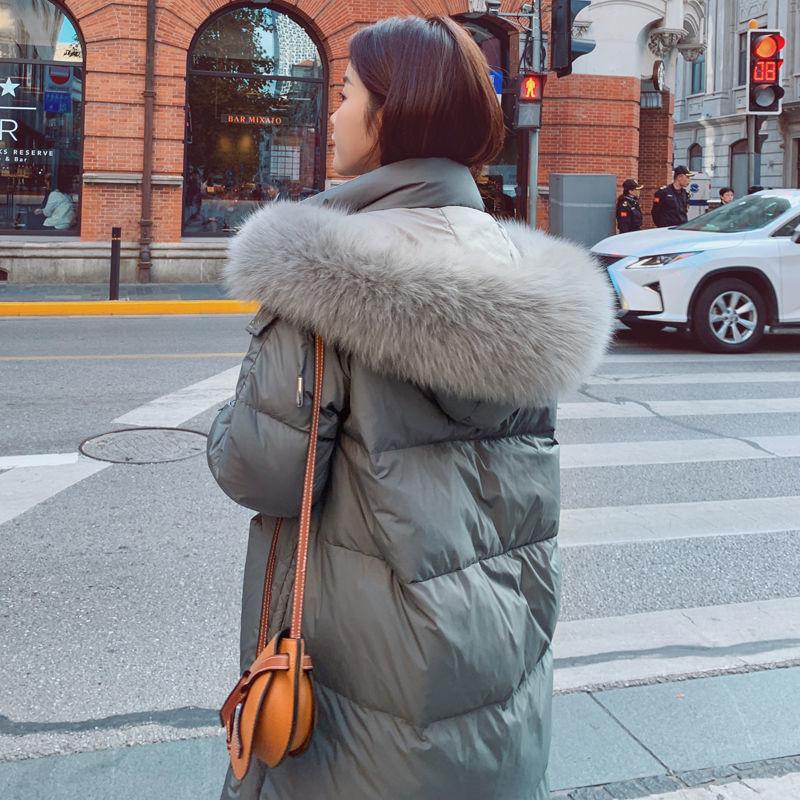 Winter Mid-length Down Jacket Women Over-the-knee White Duck Down Loose Fluffy Big Fur Collar Hooded Warm Jacket Winter Thick Warm Cotton Jacket