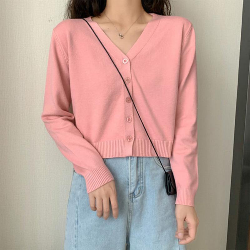 Spring and Autumn Knitted Cardigan Women's Korean Style Short V-neck Inside with Long-sleeved Thin Sweater Jacket Outside