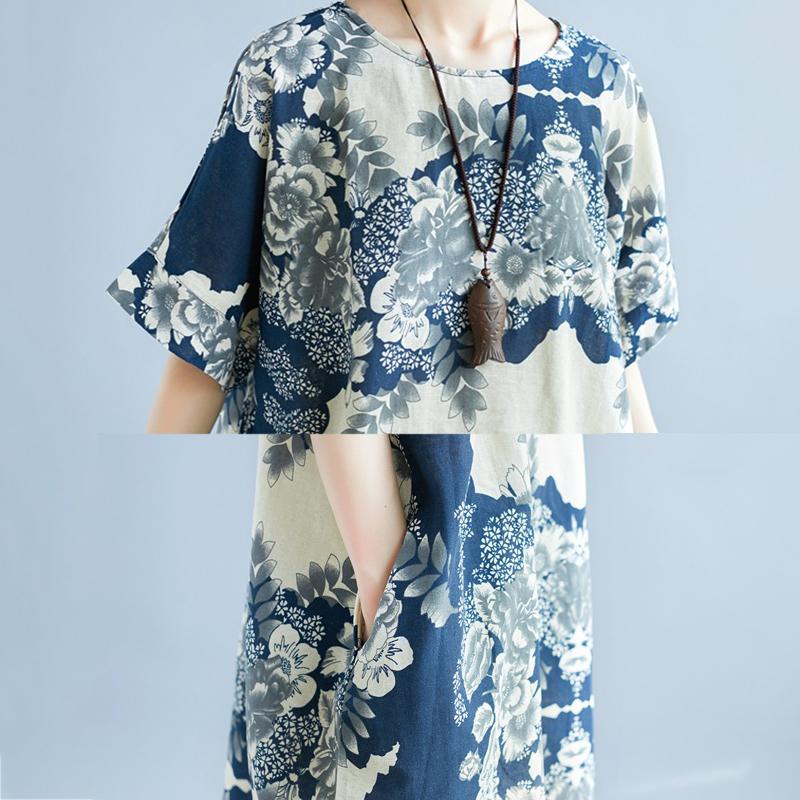 WTEMPO Plus Size Cotton and linen Flower Printing Women Dress Summer Short Sleeve Round Neck Long Dress Casual Mid-calf Length