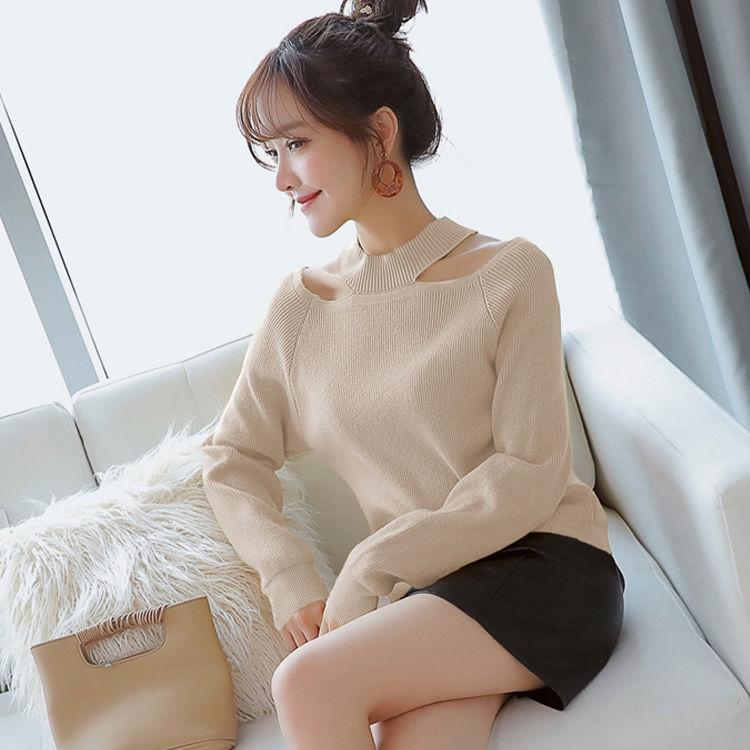 Spring and Autumn Hollow Halter Top Sexy Strapless Solid Color Base Shirt Women Round Neck Long Sleeve Comfortable Sweater