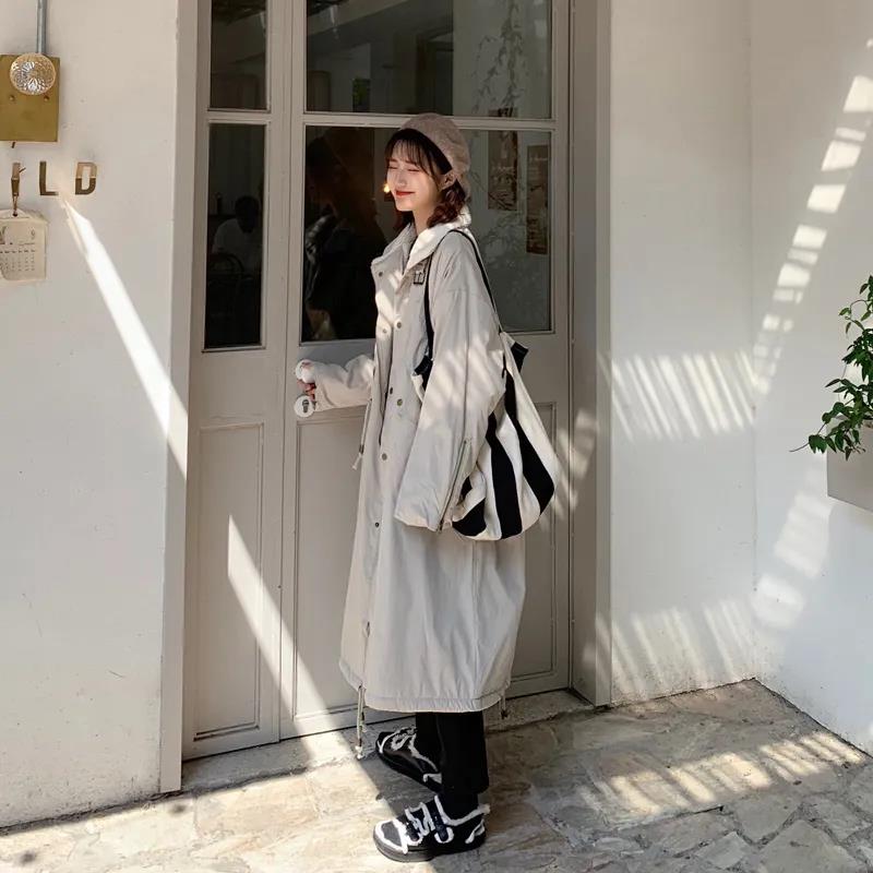 Ladies Lamb Wool Tooling Jacket Hong Kong Style Loose Quilted Jacket Over The Knee Loose Parkas