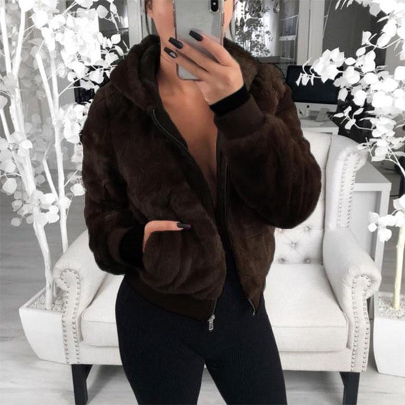 Women's Autumn and Winter Jacket Hooded Bunny Fur Grass Short Coat Female Long Sleeve Solid Color Warm