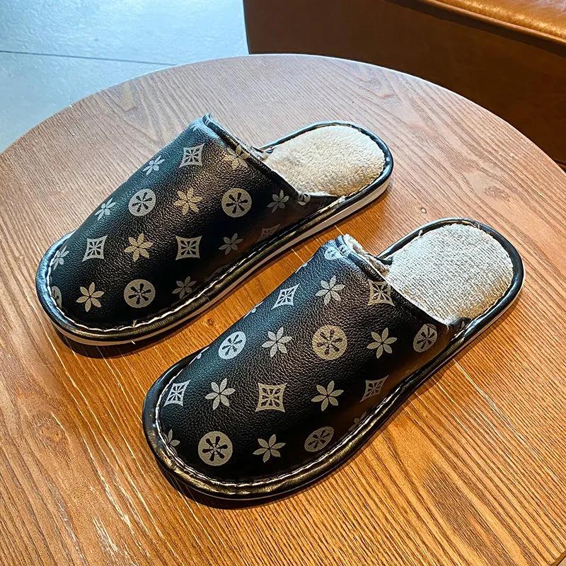 PU Waterproof Slippers Women Men Winter Plush Keep Warm Flat Home Shoes Woman Soft Comfort Female Shoes Sewing Interior Slipper