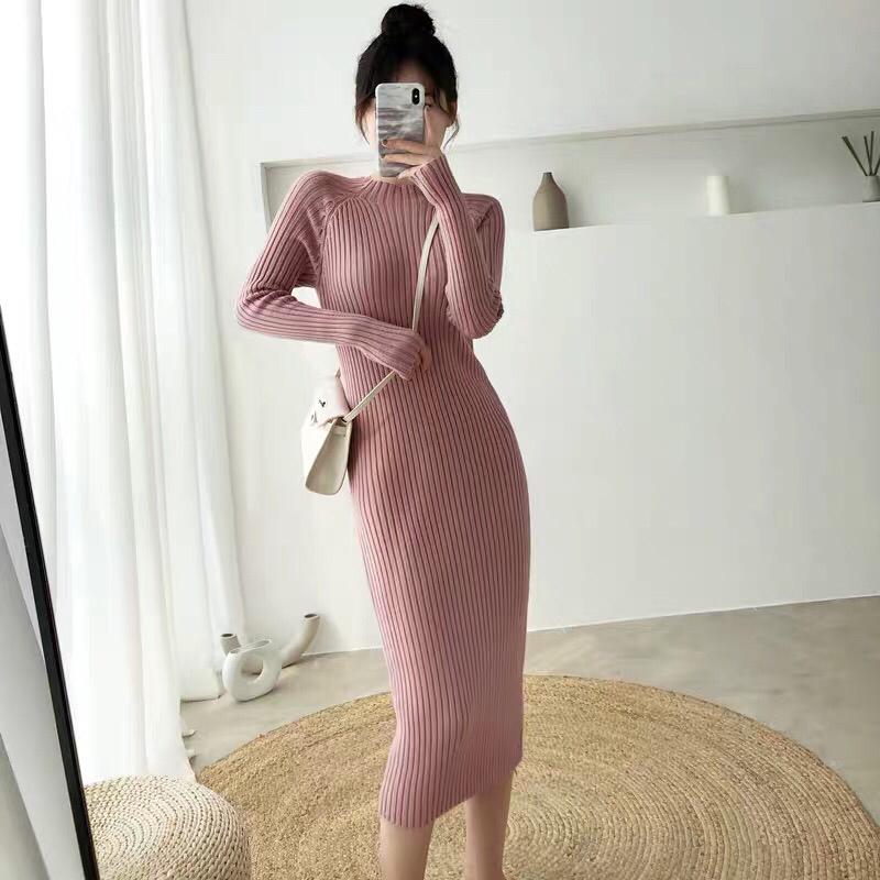 Autumn Winter Half-high Collar Knitted Dress Women's Mid-length Knee-length Hip Skirt