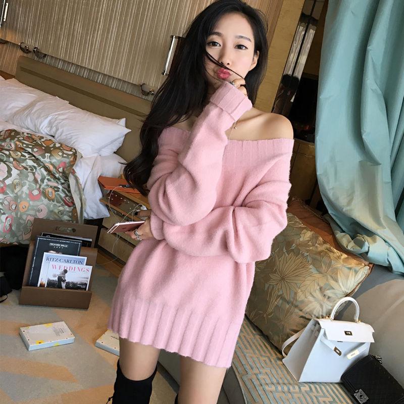 Women sexy Off-shoulder Sweaters  Autumn Winter Mid-length Loose  Knitted  pullover Sweater Dress