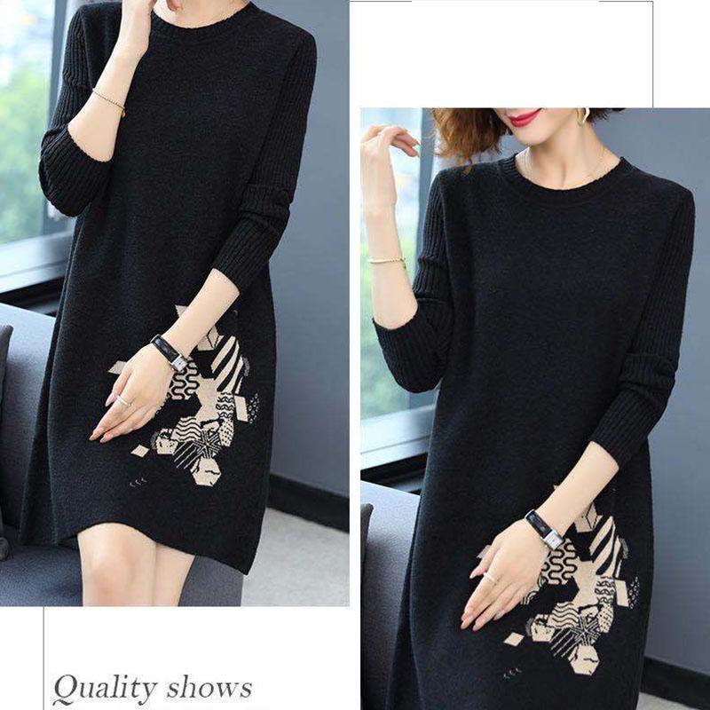 Autumn and Winter Loose Mid-length Dress Large Size Casual Printing Base Skirt Temperament Middle-aged Women Sweater Dress