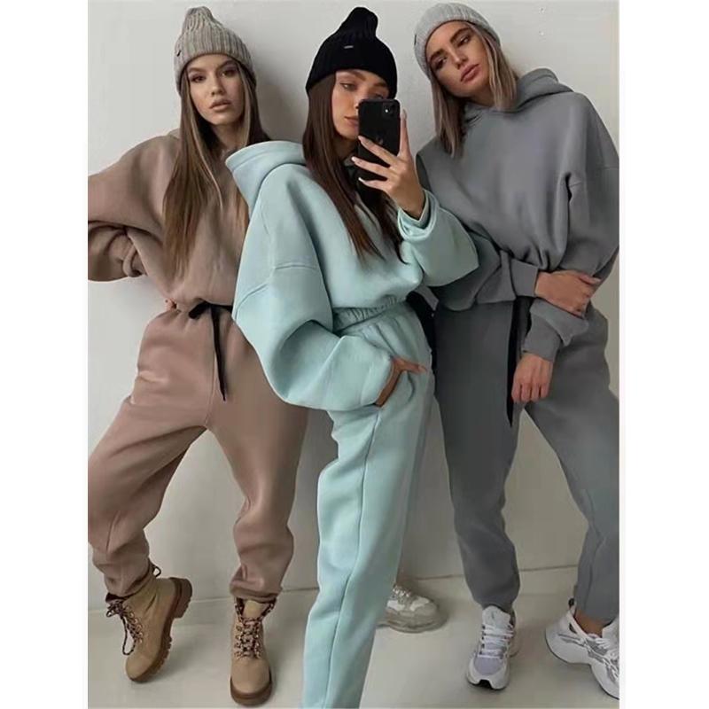 2PCS Autumn and Winter Solid Color Hooded Sweater Casual Two Piece Set Long Sleeve Pullover Sweater Fitness Jogging Pants Sports Suits