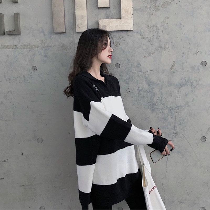 Spring Fashion Simple Sweater Striped Pattern Warm Jacket Mid-length Loose Young Women's Top