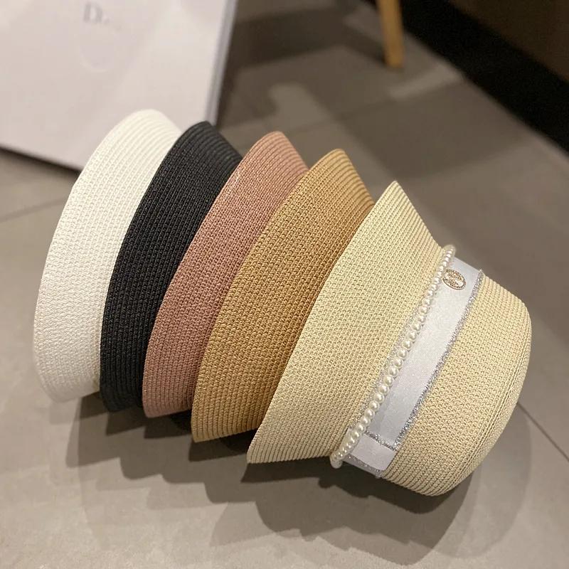 Women's Summer Hat Elegant Pearl Bucket Hat Rhinestone M Mark Retro Basin Hat Shade Straw Hat Luxury Top Hat