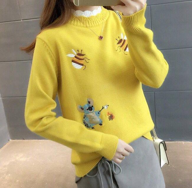 Pofulove Autumn and Winter Loose Short Paragraph Pullover Sweater Trend Embroidered Base Sweater
