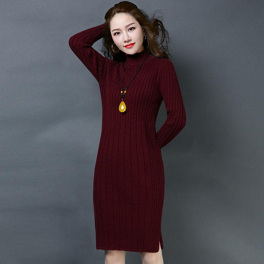 Women's Sweater Dress Loose Casual Knit Solid Color High Collar Long Sleeve Ladies Dress