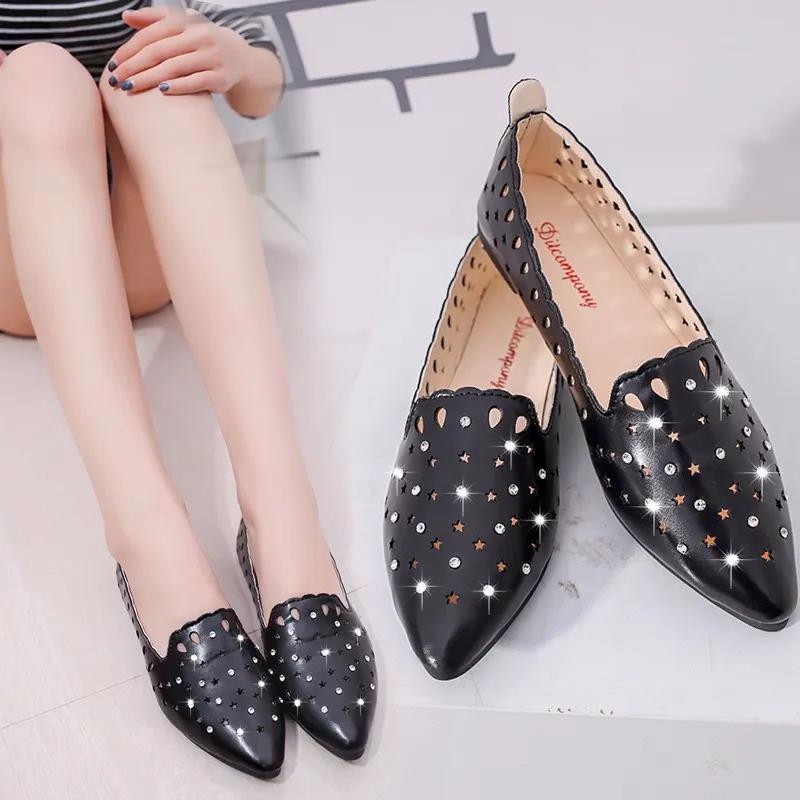 Pointed Toe Pumps Women's Spring and Summer Flat Heels Non-slip Rhinestones All-match Outer Wear Hollow Single Shoes