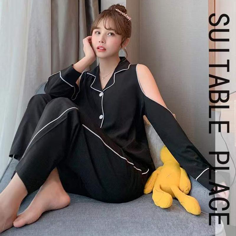 Women's  Ice Silk Sexy Off-the-shoulder Long-sleeved Pajamas Set Spring Thin Lapel Loose Home Wear Suits Solid Comfortable Sleeping Suit