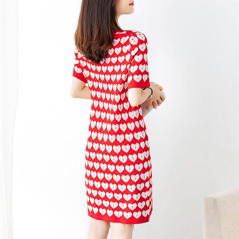 Round Neck Heart Pattern Short-sleeved Dress Drape Thin Temperament Elegant Straight Skirt Women's Summer Loose and Thin Printed Dress