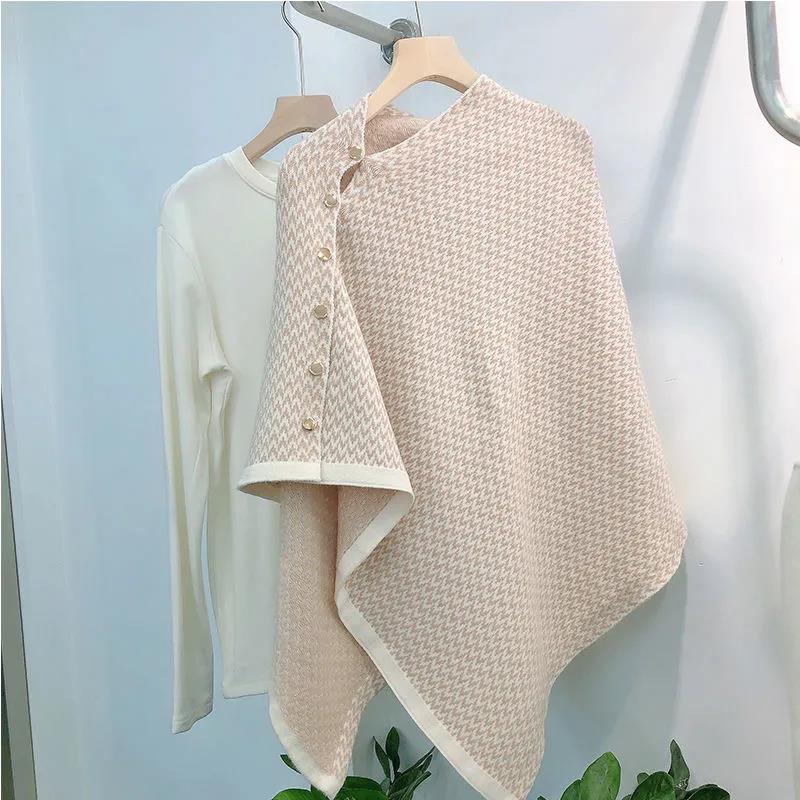 Ladies Shawl Cloak Scarf Autumn Winter Dual-use Irregular Striped Printting Scarf Shawl Korean Style All Match Buttons Keep Warm