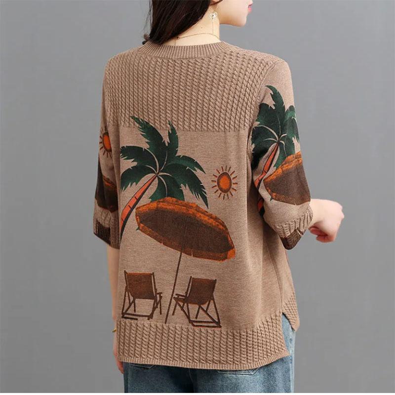 Pure Cotton Line Sleeves Ethnic Style Literary Retro Print Pullover Loose All-match Knitted Sweater Women