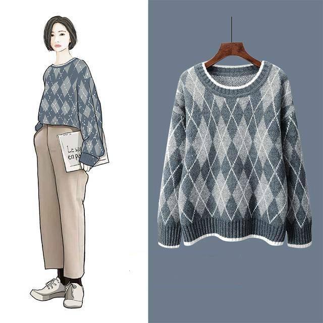 Loose Pullover Sweater Women's Autumn and Winter Retro Diamond Plaid Thick Knitted Sweater