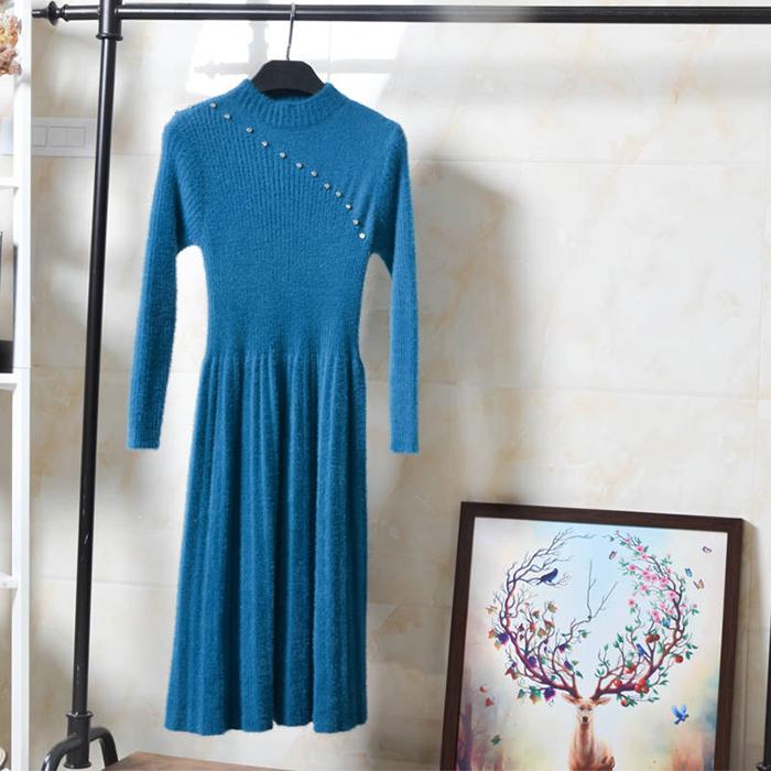 Pofulove Women Turtleneck Warm Pullover Sweater Dress Slim Solid Sweatshirts Knitted Dress Coat