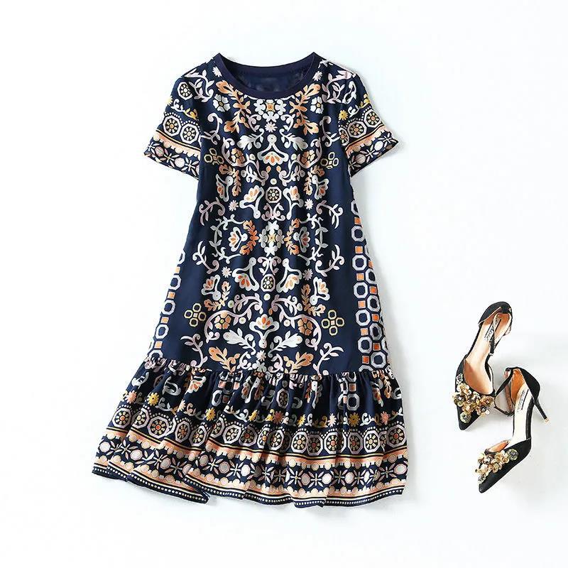 Ethnic Print Silk Dress Summer Round Neck Loose Plus Size Knee-length Light and Cool Floral A-line skirt