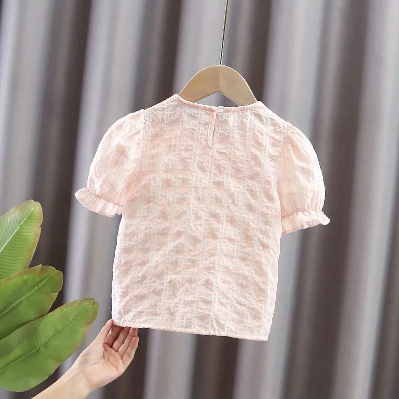 Girls' Summer Clothes Korean Style Western Style Shirt, Female Baby All-match Bow Tie Short-sleeved Princess Shirt